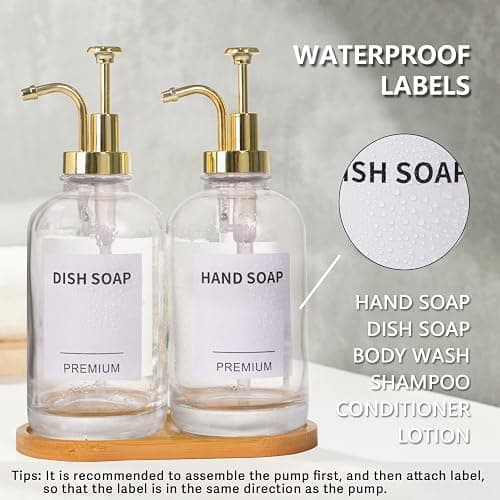 Dish Soap Dispenser for Kitchen, Hand Glass Soap Dispenser Set with Pump, Tray, Funnel for Bathroom, Shower, Laundry, Liquid, Lotion (Gold 2 Pack 18 Oz Clear Bottles with 12 Stickers) thumbnail 6