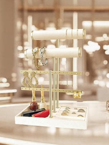 sousac 3 Tier Jewelry Organizer Stand with Detachable Ring Tray, Multi-functional necklace Holder for Bracelet, Earring, Elegant Closet Decor Gift for Women (White) thumbnail 7