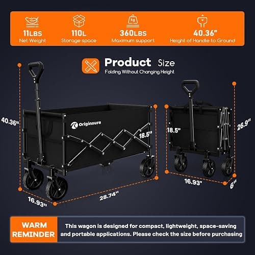 Originsure Collapsible Wagon Cart Foldable - Lightweight Portable Heavy Duty Folding Beach Wagons with Wheels - Outdoor Utility Carts for Grocery, Camping, Shopping, Sports, Garden with Large Capacity thumbnail 2