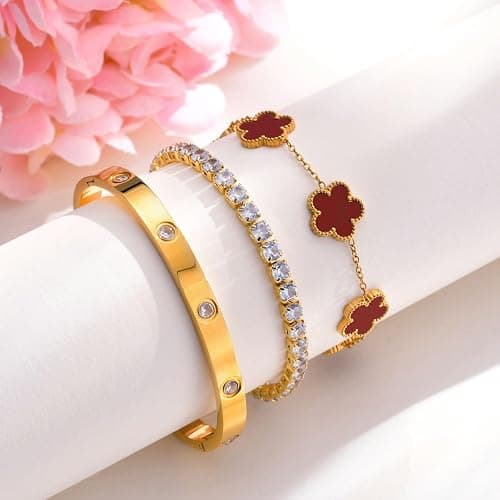 Womens Stackable Floral Gold Bracelets - 3Pcs 18K Gold Plated Bracelet,Stainless Steel Bangle Bracelets Non Tarnish, Gold Bracelet Set Trendy Jewelry,Christmas Valentines Birthday Gifts for Girlfriend thumbnail 4