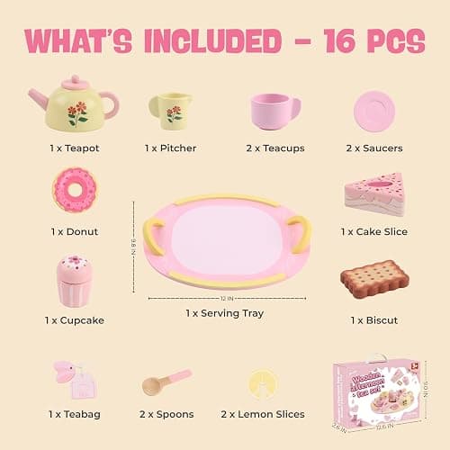 Wooden Tea Party Set for Girls – 16 Pcs Pink Princess Tea Set with Teapot, Cake & Desserts | Pretend Play Kitchen Toys for Toddlers Ages 3-5, Birthday Gift for Kids thumbnail 5