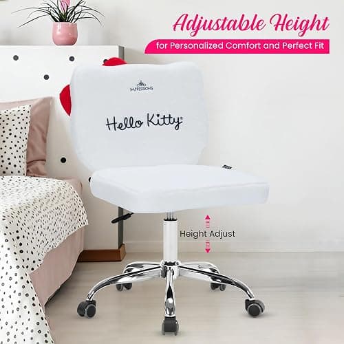 Impressions Vanity Hello Kitty Teddy Swivel Vanity Chair for Makeup Desk, Armless Rolling Chair with Wheels, Adjustable Height, 360 Degree Swing, Comfy Foam Padded Seat and Backrest (Teddy White) thumbnail 6