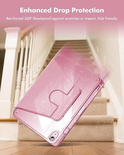 INFILAND Case for iPad A16 11-inch 11th Generation, iPad 10th Generation Case 10.9 Inch for Kids, Girls, 360 Rotating Cute Glitter Cover with Crystal Clear Back, Pencil Holder (Pink) thumbnail 5