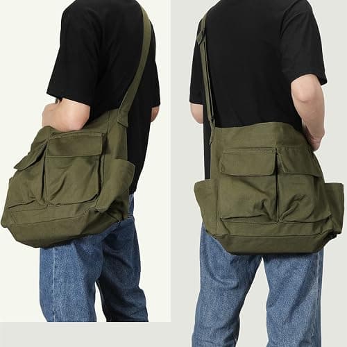 Canvas Messenger Bag Large Hobo Crossbody Bags with Multiple Pockets,School Vintage Shoulder Laptop Bag for Women and Men thumbnail 6