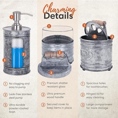 Autumn Alley Rustic Bathroom Accessories Set 4 - Galvanized Soap Dispenser, Rustic Toothbrush Holder, 2 Apothecary Jars Qtip Holder - Western Bathroom Decor – Farmhouse Bathroom Decor Accessories thumbnail 6