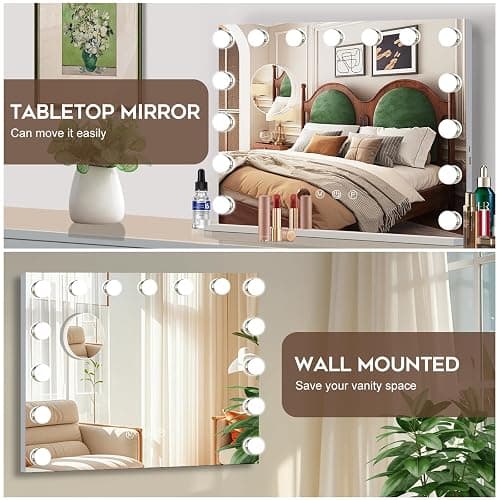 Ruication Hollywood Vanity Mirror with Lights, 58×48cm Lighted Makeup Mirror with 15 Dimmable Led Bulbs, 3 Lighting Modes, Touch Screen Control, Tabletop and Wall Mounted for Bedroom thumbnail 5