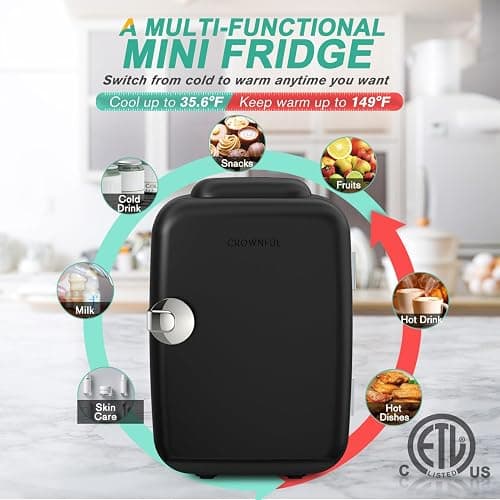 CROWNFUL Mini Fridge, 4 Liter/6 Can Portable Cooler and Warmer Personal Fridge for Skin Care, Cosmetics, Food,Great for Bedroom, Office, Car, Dorm, ETL Listed (Black) thumbnail 5