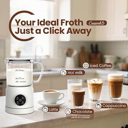 Casimhu 4-in-1 Milk Frother, Electric Milk Frother and Steamer with LED Touch Screen, Ceramic Lining Bottom, Milk Warmer 13.52oz for Lattes, Cappuccinos, and Macchiatos at Home, White thumbnail 3
