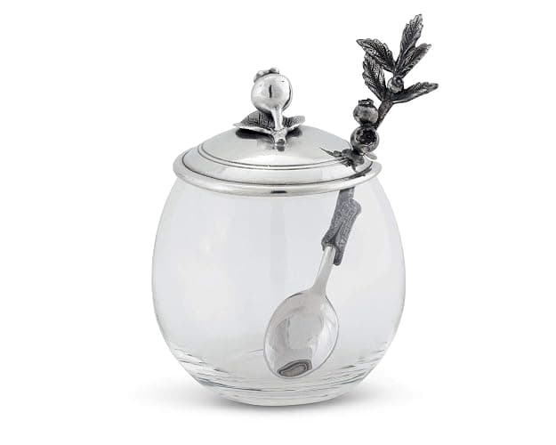 Vagabond House Pewter Blueberry Jam Jar Jelly Pot with Spoon 5 inch Tall 12 oz - Image 1