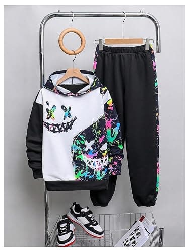 WDIRARA Boy's 2 Piece Outfits Colorful Graphic Print Long Sleeve Hoodie and Sweatpants Set Tracksuit thumbnail 7
