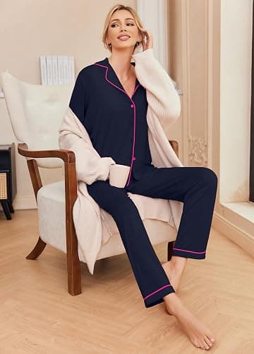 Ekouaer Pajamas Women's Long Sleeve Sleepwear Soft Button Down Loungewear Pjs Lounge Set Nightwear XS-XXL thumbnail 5