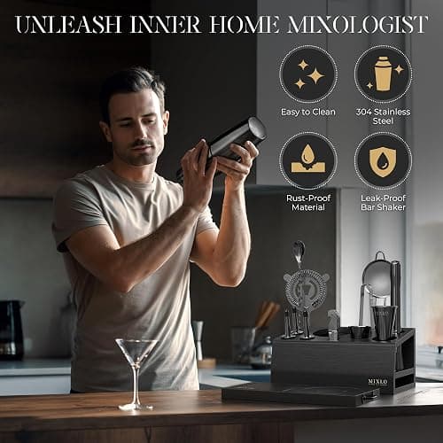 MIXLO HOME Mixology Bartender Kit - 15Pcs Bar Set Cocktail Shaker Set w Black Bar Cart Accessories Stand - Shakers Bartending Gun Metal Black Tools, 24oz Shaker, 17 Recipe Cards, Martini Barware thumbnail 7