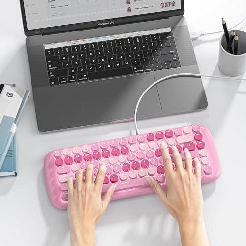 iRoboosta Pink Creamy Mechanical Gaming Keyboard, Aesthetic w/White Backlit, 84 Keys Cute Retro Typewriter Computer Keyboard Wired, Round Keycaps for Windows/PC/PS5 thumbnail 7