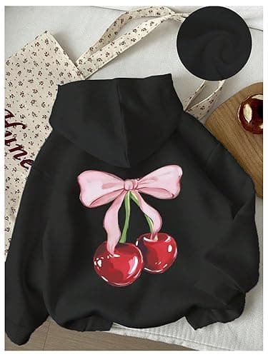 WDIRARA Girl's Cherry Graphic Hoodie Long Sleeve Hooded Sweatshirt Cute Pullovers Tops thumbnail 5