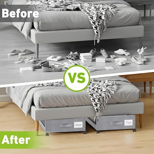 Beborxue Under Bed Storage with Wheels, 2-Pack Under the Bed Storage Containers with Lids, XXL 60L Under Bed Shoe Storage Organizer Bins, Rolling Underbed Storage for Clothes, Shoes, Blankets (Gray) thumbnail 6