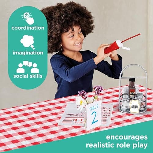 Casdon Heinz Sauce Caddy | 9-Piece Play Kitchen Set for Kids Aged 3+ | Includes Pretend Tomato Ketchup, Vinegar, Salt & Pepper Shaker, Napkins, and Caddy. thumbnail 4