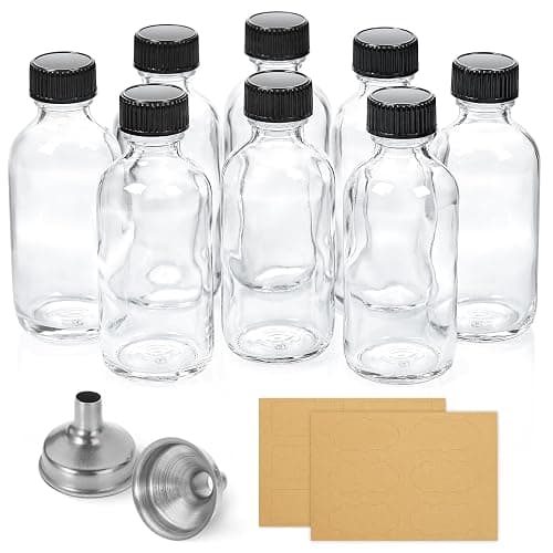 AOZITA 8 Pack, 2 oz Small Clear Glass Bottles w/Lid & 2 Funnels - 60ml Boston Shot Bottles for Health, Immunity, Potion, Wellness, Sample, Ginger, Juice - Mini Personal Care & Beauty Travel Bottle - Image 1