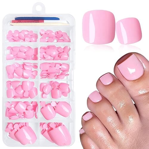 LuckForever 168pc Press on Toenails Women Fake Toe Nails with Adhesive Tabs, Pink Fake Toenails Press on Nails Toe Acrylic Nail Tips Short Square False Toenails Artificial Toe Nails Press ons - Image 1