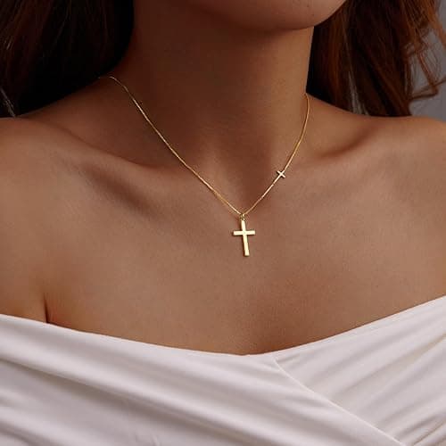 Easter Basket Stuffer Cross Necklace for Women Girls, Dainty 14K Gold Silver Plated Cross Choker Jewelry Non Tarnish Waterproof Cute Simple Small Necklace Christian Baptism Religious Faith Jewelry Gifts thumbnail 2