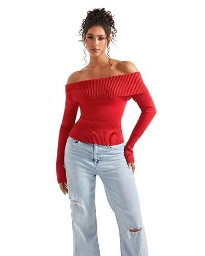 SUUKSESS Women Off Shoulder Sweaters Long Sleeve Ribbed Knit Going Out Fall Tops Blouse thumbnail 4