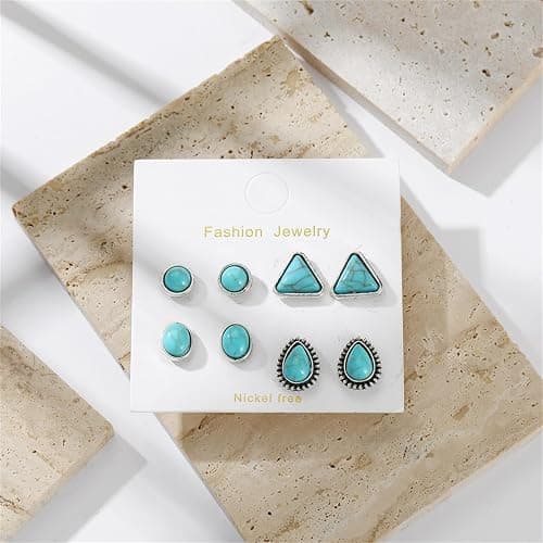 Dreuyet Turquoise Stud Earrings Set for Women Handmade Gemstone Oval Round Flower Cut Shape Square Studs Earrings Boho Turquoise Earrings Trendy Jewelry thumbnail 4