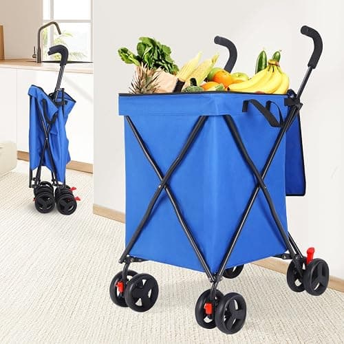 Folding Shopping Cart with Wheels,Foldable Shopping Cart for Groceries,Large Capacity 120lbs Utility Cart,Hulken Bag with Wheels for Laundry Grocery, Baggage, Picnic (Blue) thumbnail 5