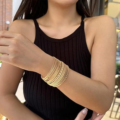 10 Pack Gold Bangles for Women,Stackable Bracelet Set,Stylish Boho Gold Bracelet Stack,Women Jewellery, Diameter: 2.6-2.7in/6.8-7cm thumbnail 6