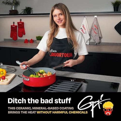 Guy Fieri's Flavortown 11-Piece Ceramic Cookware Set, Nonstick Pots and Pans for Cooking, Made without PFAS PTFE PFOA, Oven Safe, Dishwasher Safe, Easy to Clean Everyday Cookware, Red thumbnail 4