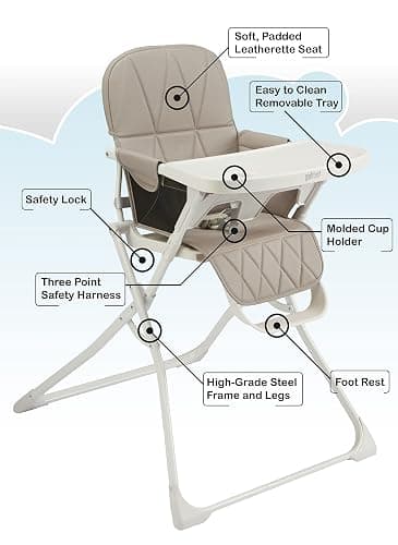 Primo PopUp Folding High Chair for Baby Age 6 to 36 Months - Taupe Folding Beach Style High Chair with Removable Dishwasher Safe Tray, 3pt Safety Harness, Leatherette Seat - Space Saving Design thumbnail 6