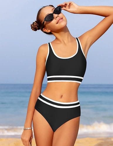 Actglow Girls Swimsuit Double Strap High Waisted Sporty 2 Piece Bikini Sets Swimwear Bathing Suits for Girls Swimsuits thumbnail 2