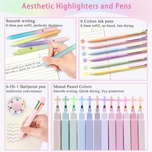 52Pcs Aesthetic School Supplies Set,Bible Study Supplies Journaling Kit for Women,with Large Iridescent Pencil Case, journal notebook,No Bleed Highlighters and Pens,Sticky Notes, (Rainbow-colored) thumbnail 3