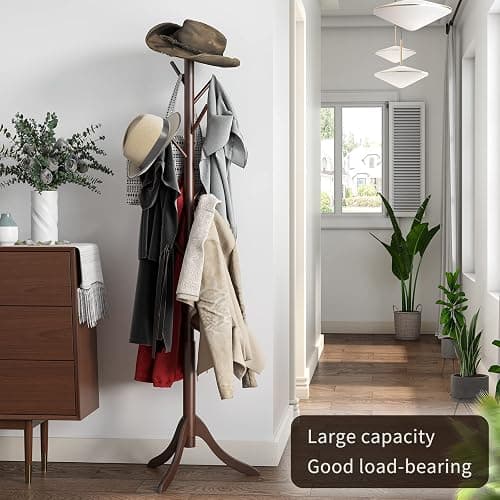 Furshus Coat Rack Freestanding, Coat Stands Entryway, Bamboo Coat Rack Hat Hanger 8 Hook for Jacket, Purse, Scarf Rack, Umbrella Tree Stand (Brown) thumbnail 4