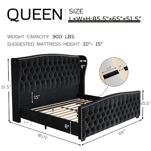 Jocisland Queen Platform Bed Frame with Wingback Headboard, Velvet Upholstered Bed Frame with Handmade Button Tufted & Nailhead, Wooden Slats Support, Black thumbnail 2