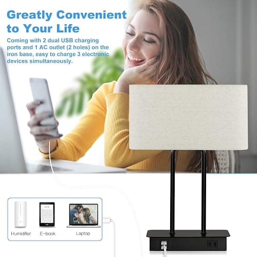 Bedside Touch Control Table Lamp with Dual USB Charging Ports 1 AC Outlet, 3 Way Dimmable Modern Nightstand Lamp with Cream Fabric Shade, Desk Lamp for Bedroom Living Room Office with 5000K LED Bulb thumbnail 3