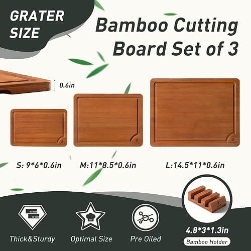 3 Packs Bamboo Cutting Board Set with Non Slip Feet Holder and Over Sink Nice Solid Thick Wood Juice Groove Chopping Board Extra Large Big Small Best Hardwood Kitchen Organic Vegetable Meat BBQ Kit thumbnail 3