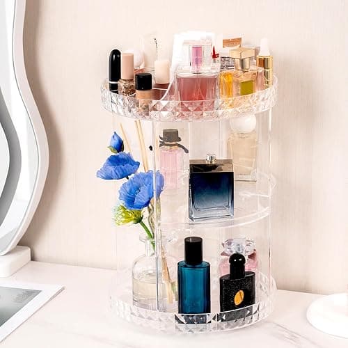 V-HANVER 360 Rotating Makeup Organizer Perfume Organizer Clear Cosmetic Storage Display Case Large Capacity Acrylic Beauty Holder Adjustable Partition Height for Bedroom Dresser or Bathroom Vanity - Clear thumbnail 3