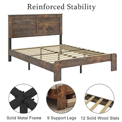 NNOOTK King Size Bed Frame, Rustic Vintage Platform Bed Frame with Wood Headboard and Footboard, 12 Wood Slats Support, No Box Spring Needed (Dark Brown, King) thumbnail 4