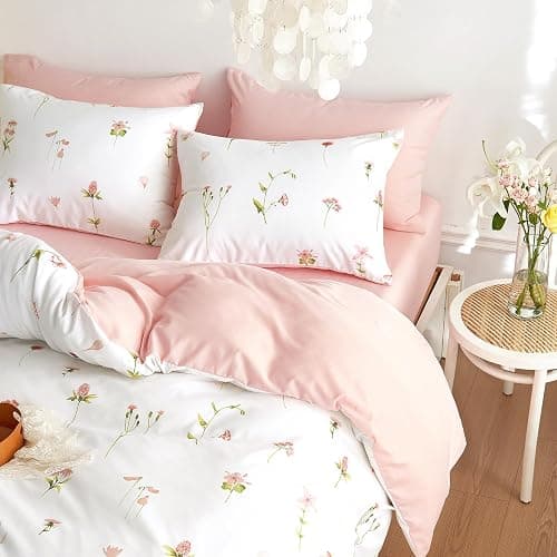 Wake In Cloud - Floral Comforter Set, Cottagecore Cute Aesthetic Watercolor Tiny Flowers and Leaves, Soft Lightweight Bedding for Women Teen Girls, 3 Pieces, Pink, Full Size thumbnail 4
