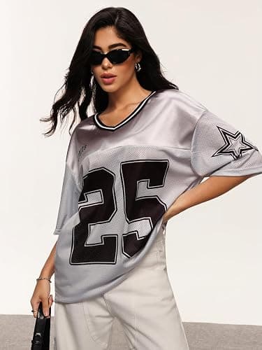SOLY HUX Women's Y2k Baggy T-Shirts V Neck Half Sleeve Sportswear Tees Jersey Top Streetwear thumbnail 4