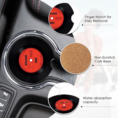 Britimes 2 Pack Car Coaster, Absorbent Ceramic Stone Cork Base Drink Coasters 2.6 Inch, Music Retro Disco Nostalgics Auto Accessories Cup Holders for Women & Men Car Decor thumbnail 5