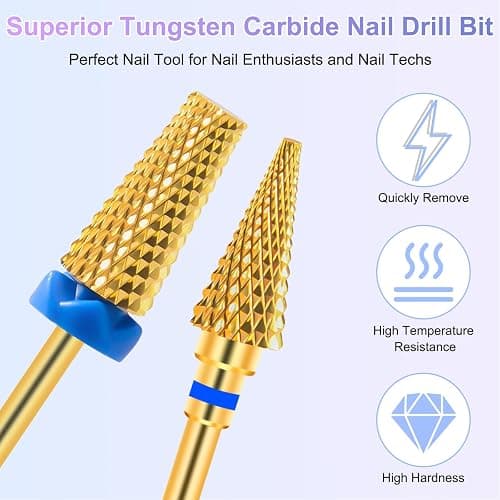 CGBE 2 Stück Nagelfräser Aufsätze, Wolframcarbid Hartmetall Nagelfräser Bits Mittlere Körnung Entfernen Gel Acryl Nagelhaut, 3/32 Zoll Gold Fräser Bits für Maniküre Pediküre, Kegel + Spitzkegel Form thumbnail 5