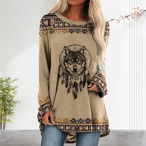 HOTYD Western Sweatshirts for Women Plus Size Long Sleeve Aztec Print Blouses Dressy Casual Crew Neck Loose Fit Pullover Tops thumbnail 3