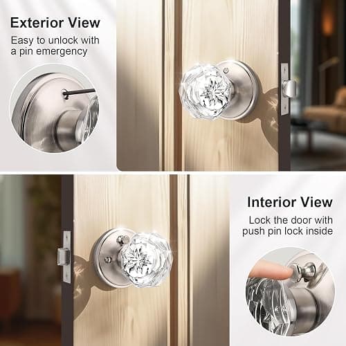 KNOBWELL Privacy Glass Door Knob for Bedroom and Bathroom, Vintage Clear Crystal Door Knobs with Lock, Crystal Interior Door Knobs with Victorian Plate Rosette, Satin Nickel, 2 Pack thumbnail 4