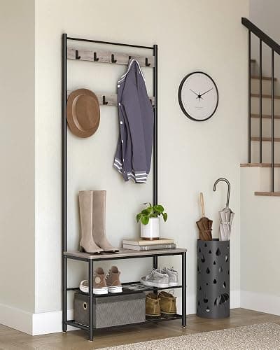 VASAGLE Coat Rack, Hall Tree with Shoe Storage Bench, Entryway Bench with Shoe Storage, 3-in-1, Steel Frame, for Entryway, 12.6 x 27.6 x 68.9 Inches, Industrial, Greige and Black UHSR41MB thumbnail 8