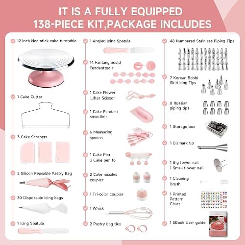 Cake Decorating Kit, 138pcs Cake Decorating Supply with 12 Inch Aluminium Cake Turntable, 64 Numbered Icing Piping Tips, 2 Spatulas, 3 Icing Comb Scraper and Leveller, Piping Bags,cake decorating tool thumbnail 7