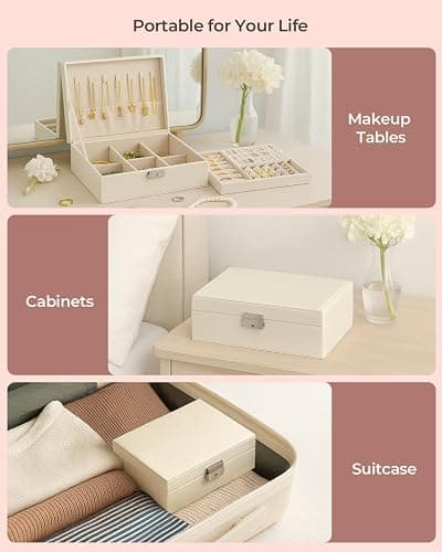WRSION Jewellery Box Organiser, 2 Layer Jewelry Organizer with 2 Keys, Large PU Leather Jewelry Storage Case with Removable Tray for Rings Earrings Necklace, Jewellery Box for Women Girls (White) thumbnail 7