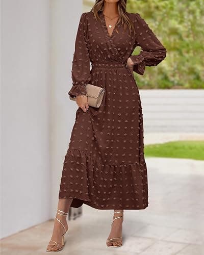 BTFBM Women Fall Maxi Dresses 2025 Long Sleeve V Neck Swiss Dots High Waisted A-Line Ruffle Boho Long Dress Vacation thumbnail 3