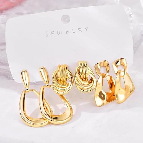 AIDSOTOU 6 Pairs Chunky Gold Earrings For Women Trendy Statement Gold Plated Flower Shell knot Dangle Earrings Lightweight Hypoallergenic Fashion Jewelry Set thumbnail 6