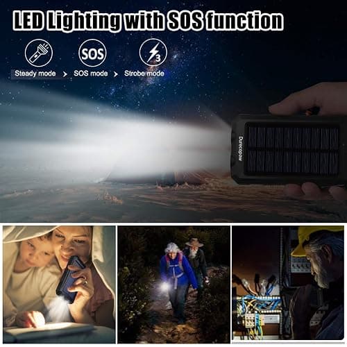 Solar Charger Power Bank, 8000mAh Portable Outdoor Waterproof Solar Battery Charger, Camping External Backup Battery Pack USB C Ports Input/Output, 2 Led Light Flashlight with Compass (Black) thumbnail 5
