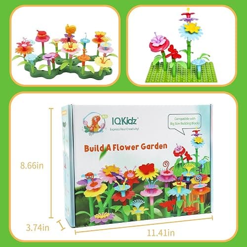 IQKidz 3-6 Years Old Toddler Toys - Flower Garden Building Toy with Insect Pegs, Educational Activity Gifts for Girls Preschool-Kindergarten, 153Pcs STEM Stacking Pretend Play Set thumbnail 3